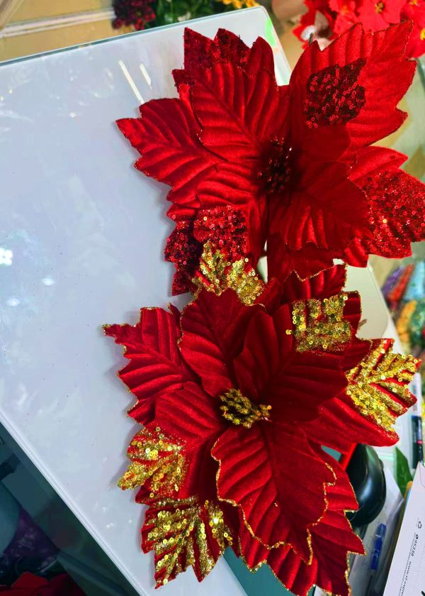 VELVET GLITTER POINSETTIA FLOWERS